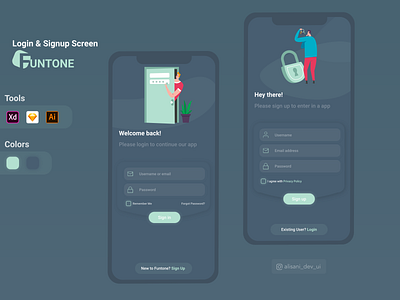 Funtone Login & Signup screens adobexd app application dark design flat illustration illustrator login signup ui ui ux xd design