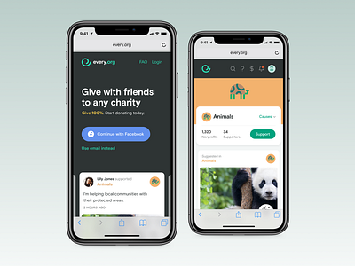 Every.org app charity design giving kindness mobile nonprofit share ui ux web