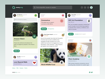 Every.org | Desktop Homepage app card charity coronavirus covid 19 covid19 desktop feed giving nonprofit share ui ux web