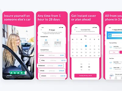 Lenny Temporary Insurance - App Screenshots app app screenshots app store app store design branding car insurance insurance interface ios app ios app store marketing minimal mobile app pink pricing product design temporary insurance time selection ui ux