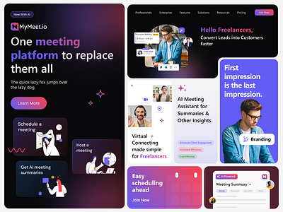 Schedule. Meet. Summarize. branding design landing logo meeting scheduler ui website