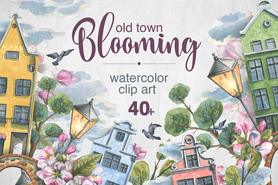 Old town spring watercolor clip art vacation