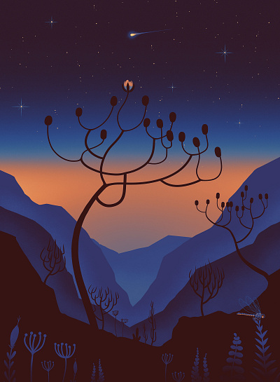 Comet Flowers Rarely Open comet dawn day digital art dusk flat flower golden hour illustration landscape minimal mood mountains nature night noise sky stars tree