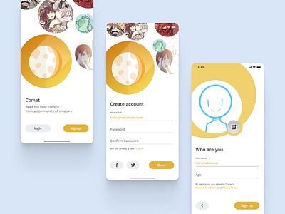 Comet Onboarding app comic ios login screen manga mobile onboarding signup ui ux