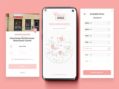 Blood Donation App Design app design appointment booking blood blood donation bloody branding crisys design donate donation donor flat help location app map material design scheduling social ui ux
