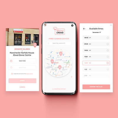 Blood Donation App Design app design appointment booking blood blood donation bloody branding crisys design donate donation donor flat help location app map material design scheduling social ui ux