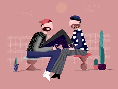 Quarantine People - Terrace Wine Date boyfriend boys cheers chilling couple date friendship happiness happy moment illustration love men plants quarantine terrace wine