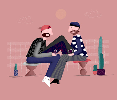 Quarantine People - Terrace Wine Date boyfriend boys cheers chilling couple date friendship happiness happy moment illustration love men plants quarantine terrace wine