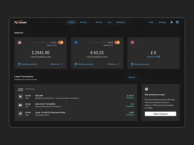 I hate actual Payoneer UI, so I made this. bank banking dark ui product design ui ux