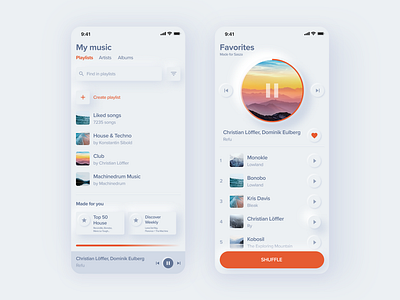 Music app application blue clean design figma iphone light minimal mobile music neomorphism orange shadow ux ux design white