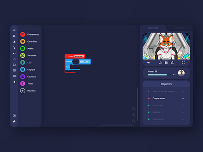 Dark mode : coding app artificial intelligence blue clean coding dark mode dark theme dashboad dashboard ui design desktop education education app fox illustration kid space ui ux vector