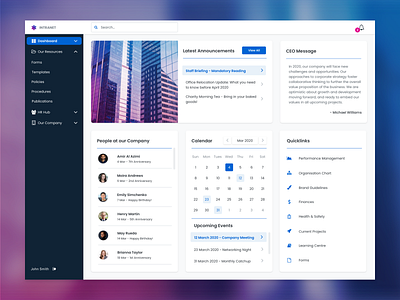 UI: Employee Intranet Dashboard calendar corporate dashboard dashboard ui desktop employee employee experience gradient intranet minimal navigation menu outsystems portal side menu simple clean interface staff portal uidesign uiux web design widgets