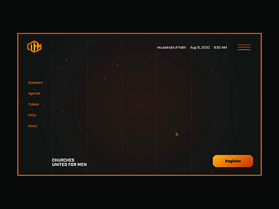 Churches United For Men Website animation church conference dark design fire hamburger hero interaction lander masculine men menu nav orange sparks ui webflow webpage website