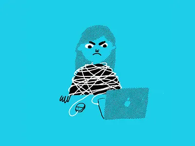 Tied up with work! angry computer digital drawing editorial halftone illustration ink laptop line simple tangled texture tied up two color work