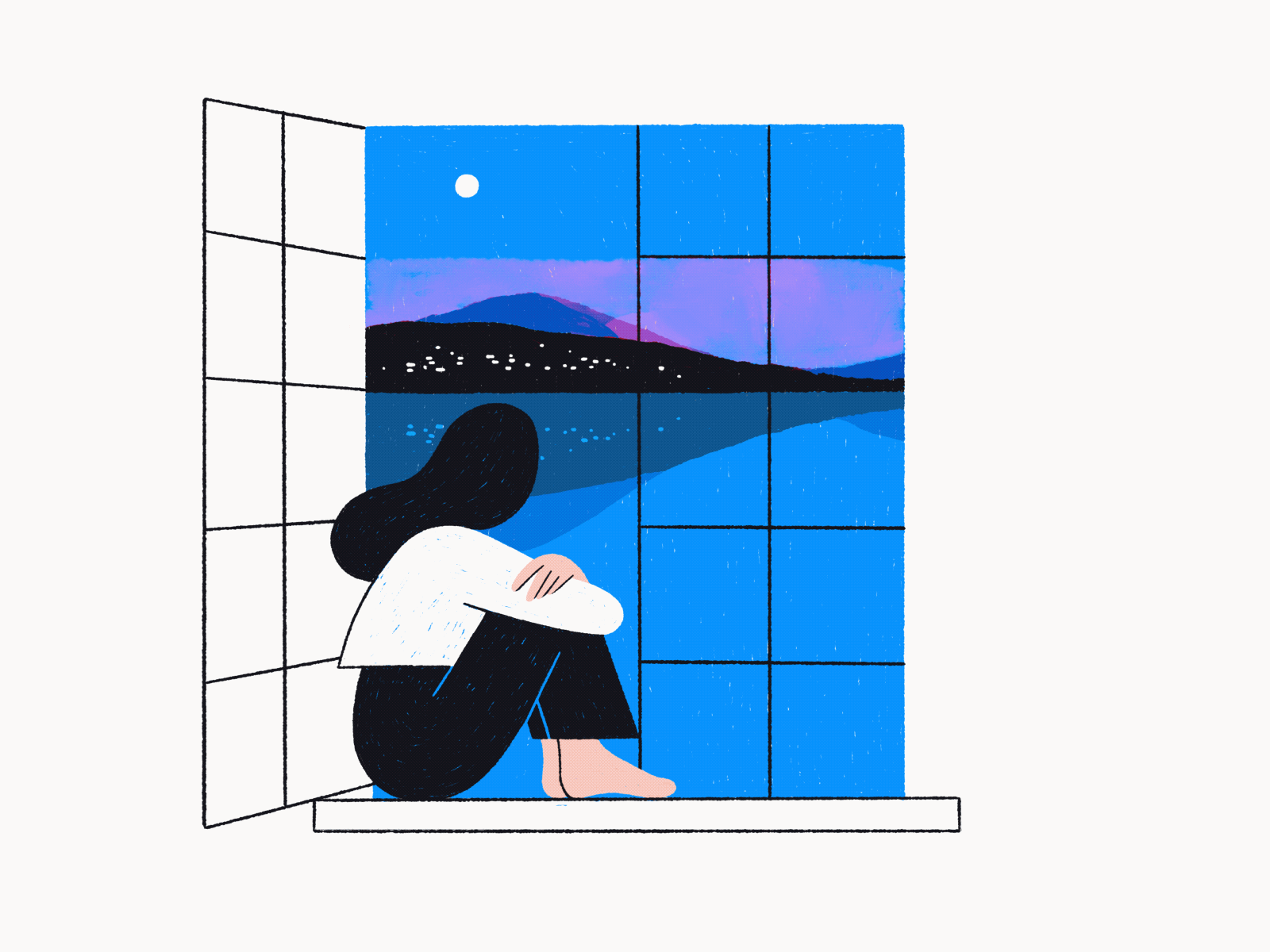 Isolation Blues 2d 2d animation animation art blues cel animation city frame animation framebyframe gif girl illustration loop moon night procreate quarantine self isolation social distancing window