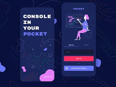 Mobile Console App - Splash & Sign Up black theme dark mode design illustration interface ios mobile pattern registration sign up splash screen ui ux vector