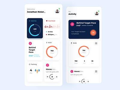 Health Care Mobile App - IOS activity branding calories cards ui data representation detail view fitness app healthcare heartbeat ios ios app mobile app mobile ui nudge profile target training walk workout app