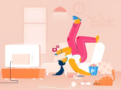 getting bored in this lockdown situations 😷 bored cat clean coronavirus covid19 cream cute design dribbble flat design fun funny happy home illustration room social media texture ugly women