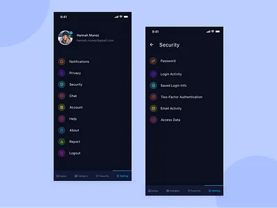 DailyUI Challenge #07: Settings daily 100 challenge daily ui daily ui 007 dailyui dailyui 007 dailyui challenge dailyui setting dailyui settings dailyuichallenge dark app dark mode dark theme dark ui privacy setting security setting setting setting view settings settings page settings ui