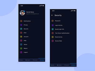 DailyUI Challenge #07: Settings daily 100 challenge daily ui daily ui 007 dailyui dailyui 007 dailyui challenge dailyui setting dailyui settings dailyuichallenge dark app dark mode dark theme dark ui privacy setting security setting setting setting view settings settings page settings ui