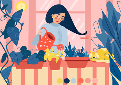 girl with a watering can cozy girl illustration illustration ux