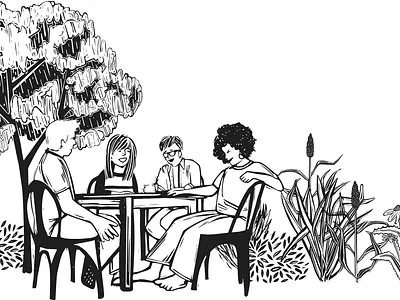 Gazebo Friends black and white book illustration editorial illustration