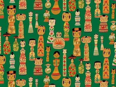 Kokeshi Dolls bodil jane culture digital dolls drawn faces folioart illustration line pattern