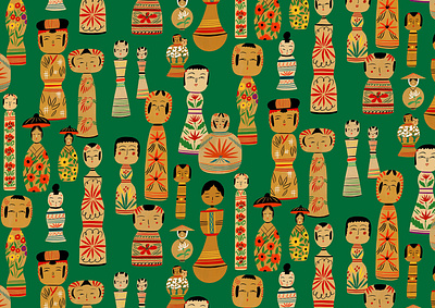 Kokeshi Dolls bodil jane culture digital dolls drawn faces folioart illustration line pattern