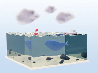 Finley the Whale 3d 3d art 3d ilustration blender blender 3d boat buoy clouds fishing boat illustraion isometric sea whale