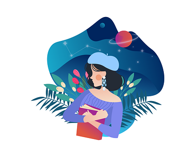 The girl learns the space art book design flat girl illustration logo space vector