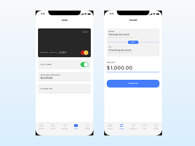 Banking App UI Design - Cards & Transfer Screens adobe xd app app design application application design applications bank app banking app flat app material app ui user experience user interface ux