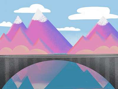 Mountains bridge drawing illustration lake landscape mountian water