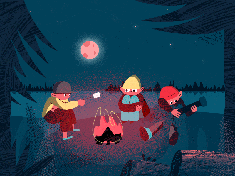 Campfire buddies... animation buddies camp campfire camping fire fish friends friendship guitarist illustration light moon motiondesignschool nature night stars trees vector illustration waves