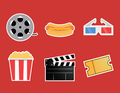 Movie & Snack Icons 3d glasses clapperboard film hot dog icon illustration movies popcorn ticket vector