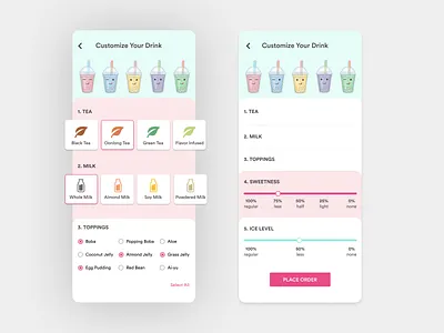 Daily UI 033 - Customize Product boba boba tea customize customize product customized daily 100 daily 100 challenge daily challange daily ui daily ui 033 dailyui design drink drink menu milk tea milktea mobile app design mobile ui mobileapp ui