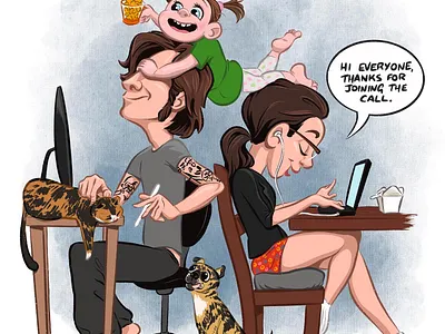 Quarantine Headquarters cartoon character coronavirus couple drawing editorial family humor illustration ink parenting pets procreate quarantine social distancing work from home work life