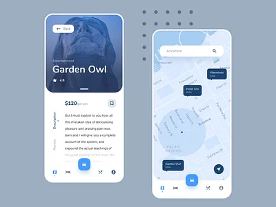 Exploration with map app blue branding car design direction interface map order places price ui ux