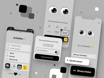 blink mobile eyes exercises app app black blink branding clean design eye tracking eyes gray human centered design illustraion illustration ios minimalistic mobile product design ui userfriendly ux