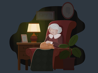 Granny at home calm cat cozy dark design grandma grandmother granny graphic design illustration illustration art illustrator old quarantine room stay home stayhome vector vector art vector illustration