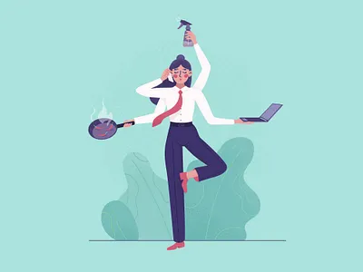 Busy woman 2d adobe illustrator art business businesswoman busy busy woman design dots flat flat style housewife housework illustartion lakshmi many hands textured vector woman