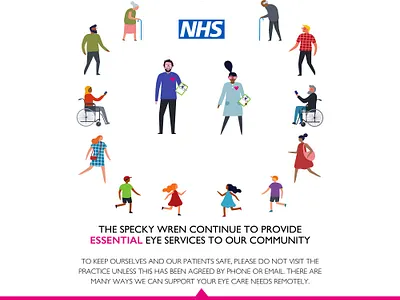 The Specky Wren Opticians advertising care colourful essential eye catching fun illustration opticians people stayathome virus