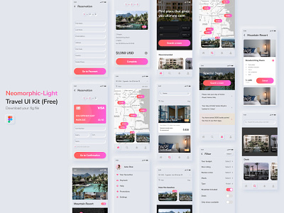 Neomorphic Travel UI Kit Free - Light appdesign design interaction minimal mobile neomorphic product design smooth ui uidesign userexperience userinterface ux