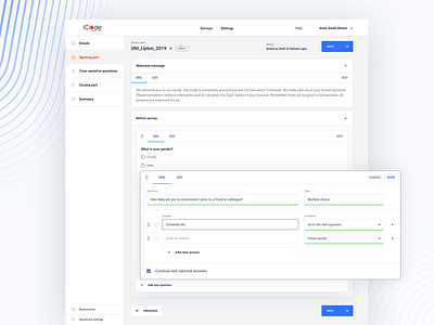 iCode - Online Survey App blue clean dashboard form minimal sketch survey ui uidesign ux web