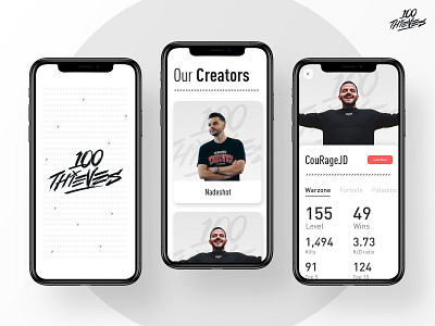 100 Thieves Concept app app design clean couragejd couragejd design esports games gaming ios minimal mobile nadeshot product ui ux