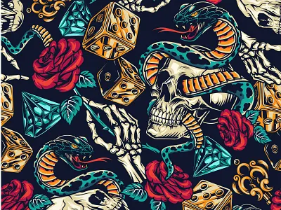 Tattoo seamless pattern adobe illustrator color colorful graphic graphic design pattern pattern art seamless seamless pattern skull tattoo vector vector illustration vintage