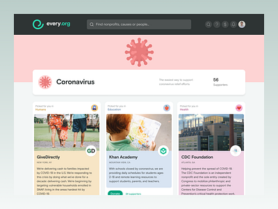 Every.org | Coronavirus app charity coronavirus covid 19 covid19 design giving illustration nonprofit relief share support ui virus web
