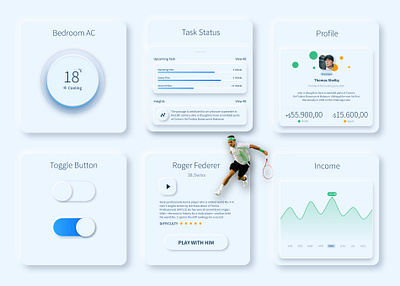Cards & Widgets button calendar concept gradient graph graphic mobile mobile app design mobile ui neomorphism profile profit progress bar rating toggle switch trending typogaphy ui ux white