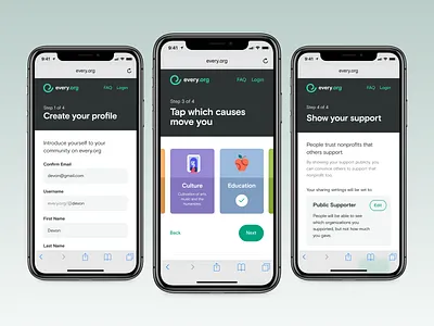Every.org | Create Profile - Mobile app causes charity flow iphone mobile nonprofit profile share signup ui ux
