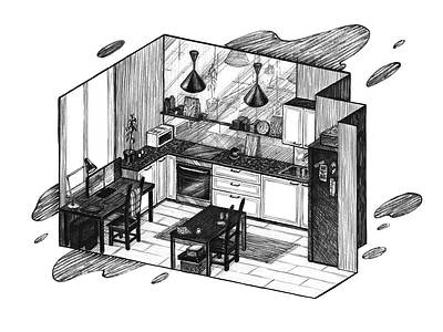 Kitchen isometry black and white drawing hand drawing home home illustration house illustration illustration interior isometry kitchen liner marker mixed media pencil art working place дом изометрия иллюстрация квартира кухня