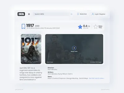 Neumorphism IMDb Redesign 1917 dribbble imdb movie neumorph neumorphic neumorphism redesign redesign concept ui ux uxdesign web design web designer webdesign website webui